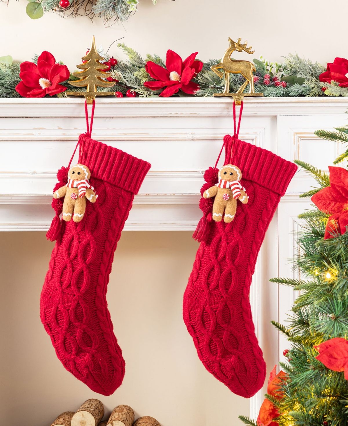 Glitzhome Knitted Christmas Stockings With Complimentary Gingerbread Man Ornament, Set Of 2 In Multi