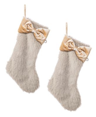 Faux Fox Fur Christmas Stockings with Bow, Set of 2