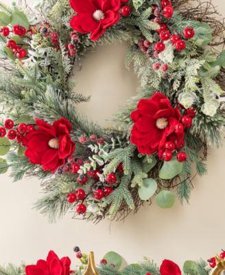 Christmas Magnolia Berry Wreath and Matched Garlands, Set of 3