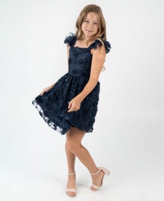 Big Girls 3D Floral Embroider Mesh Social Dress