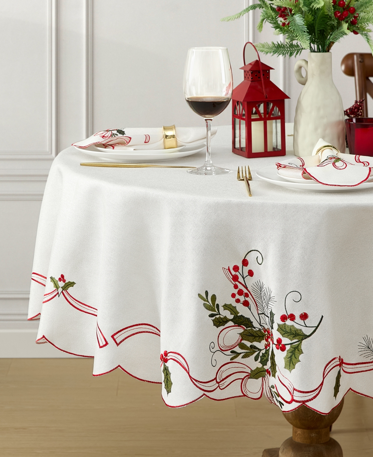Elrene Holly Ribbon Embroidered Cutwork Fabric Tablecloth, 70"