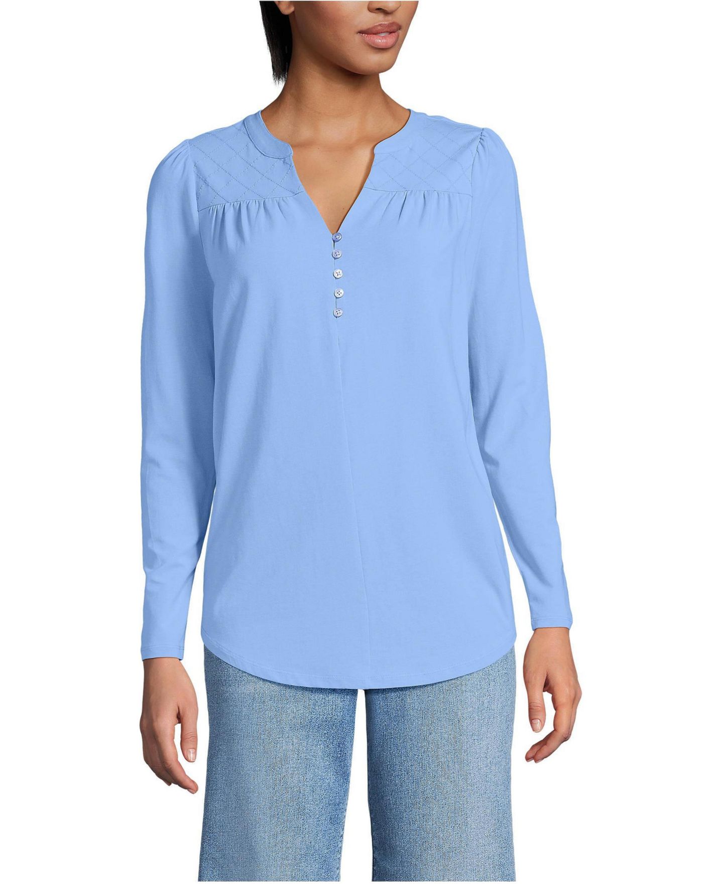 Женский топ Lands' End Long Sleeve Lightweight Jersey Notch Neck Tunic Top, цвет: Прозрачный синий небесно-голубой — фото 2
