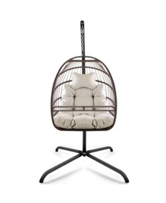 350lb Capacity Wicker Egg Hanging Chair with Stand Removable Guardrail and Cup Holder