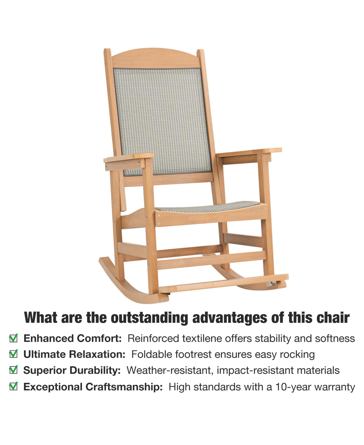 Mega Casa Poly Lumber Outdoor Rocking Chair with High-Strength Textilene Backrest and Seat, Ergonomic Design, Hips, Wood-Like Pattern, Heavy Duty 380