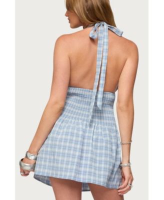 Women's Plaid Smocked Halter Mini Dress