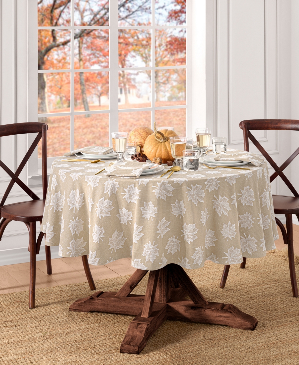 Elrene Falling Leaves Jacquard Cotton Tablecloth, 70" Round In Brown