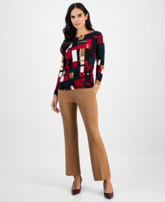 Petite Printed Ruched-Front Long-Sleeve Top