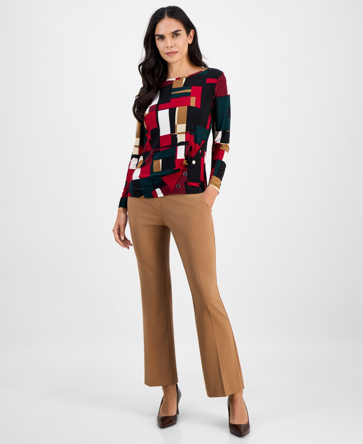 Ak Anne Klein Petite Printed Ruched-Front Long-Sleeve Top