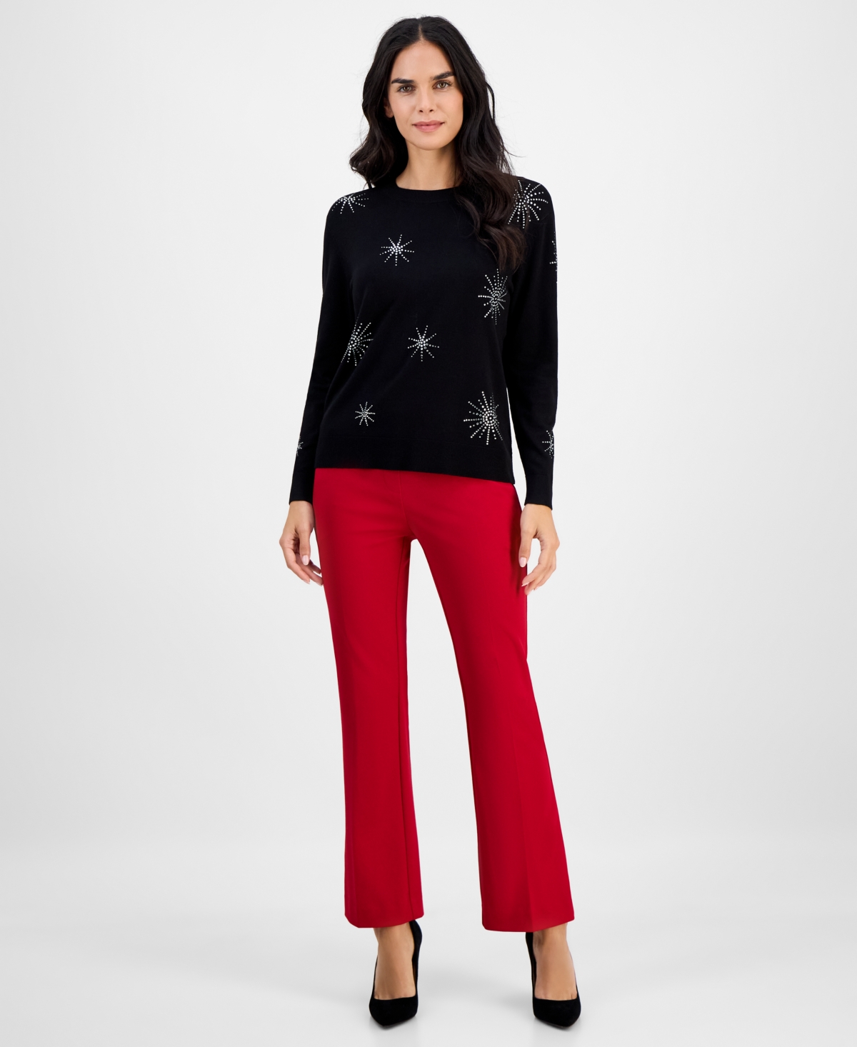 Ak Anne Klein Embellished Crewneck Long-sleeve Sweater In Black