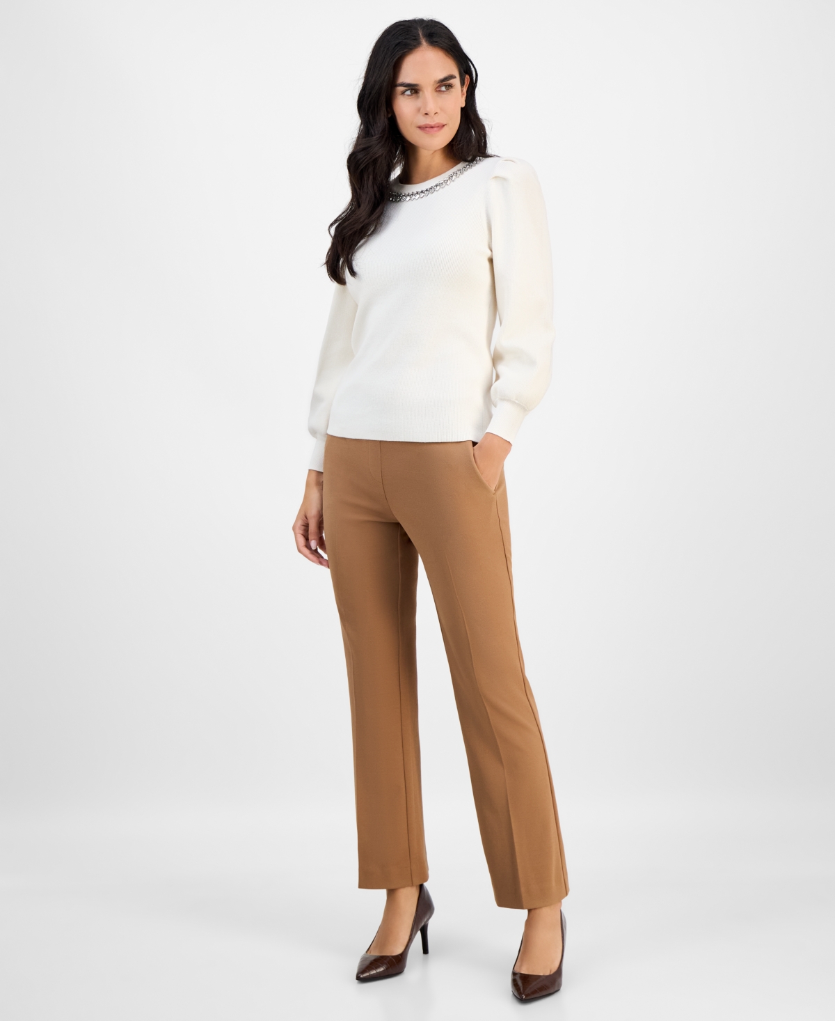 Ak Anne Klein Petite Embellished-crewneck Puff-sleeve Sweater In White