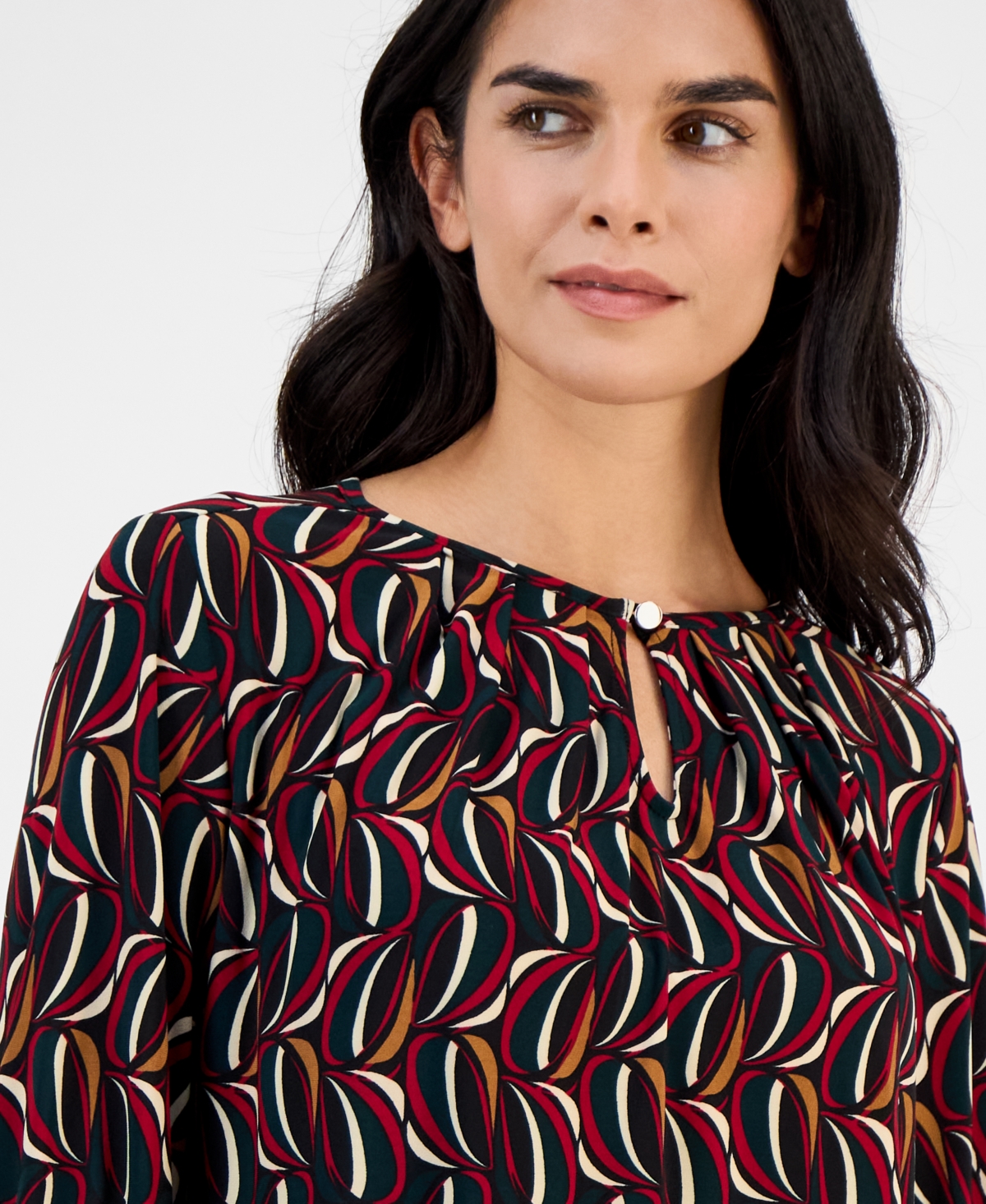 Ak Anne Klein Petite Printed Keyhole-Front Flare-Cuff Top