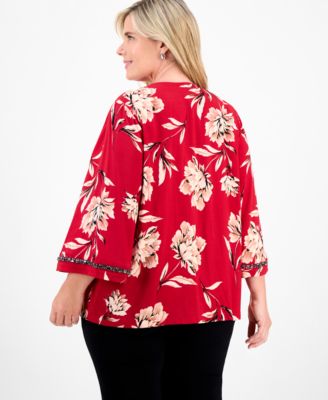 Plus Size Beaded-Trim Floral 3/4-Sleeve Top, Macy's Exclusive