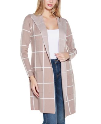 Women's Hooded Windowpane Plaid Coatigan Sweater