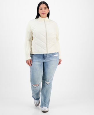 Trendy Plus Zip-Front Mixed-Media Puffer Cardigan