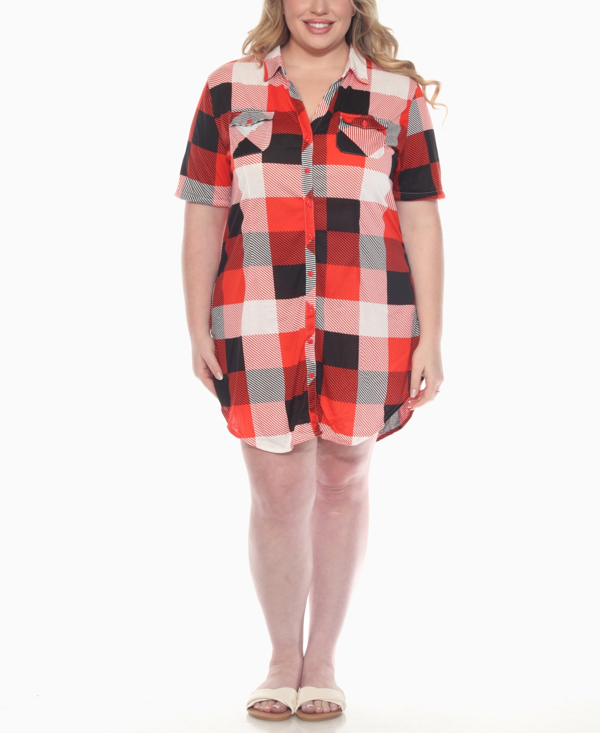 White Mark Plus Size Short Sleeve Plaid Button-down Shirt Dress In Multi