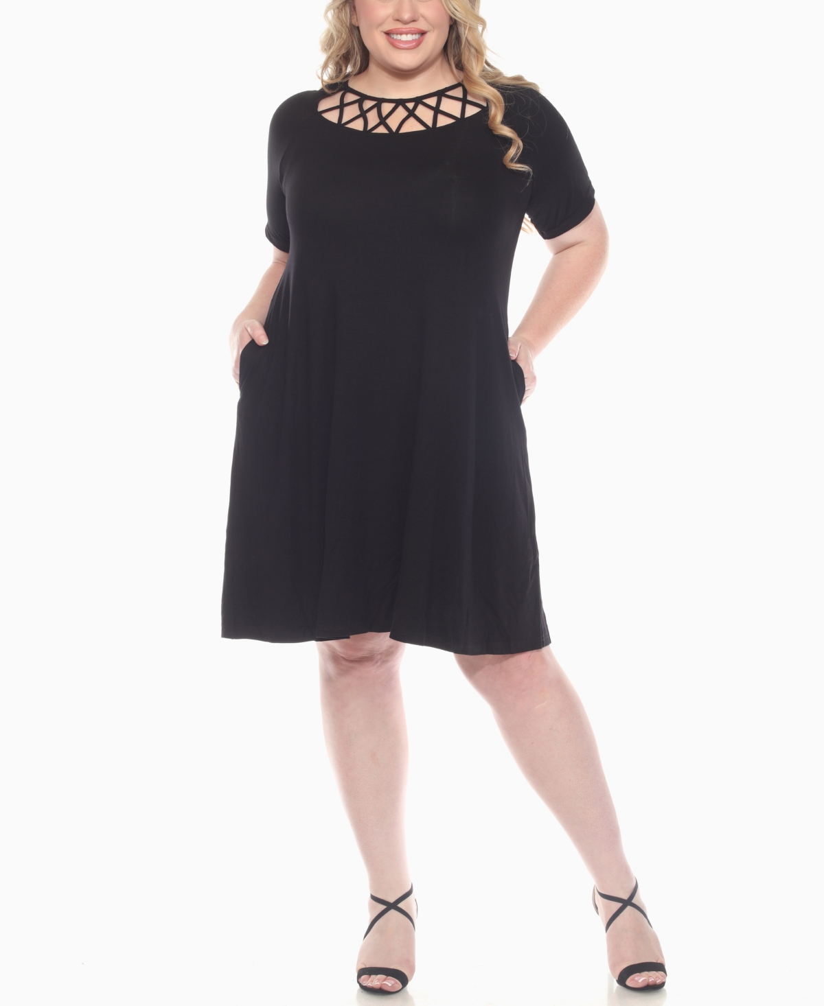White Mark Plus Size Short Sleeve Crisscross Neck A-line Dress In Black