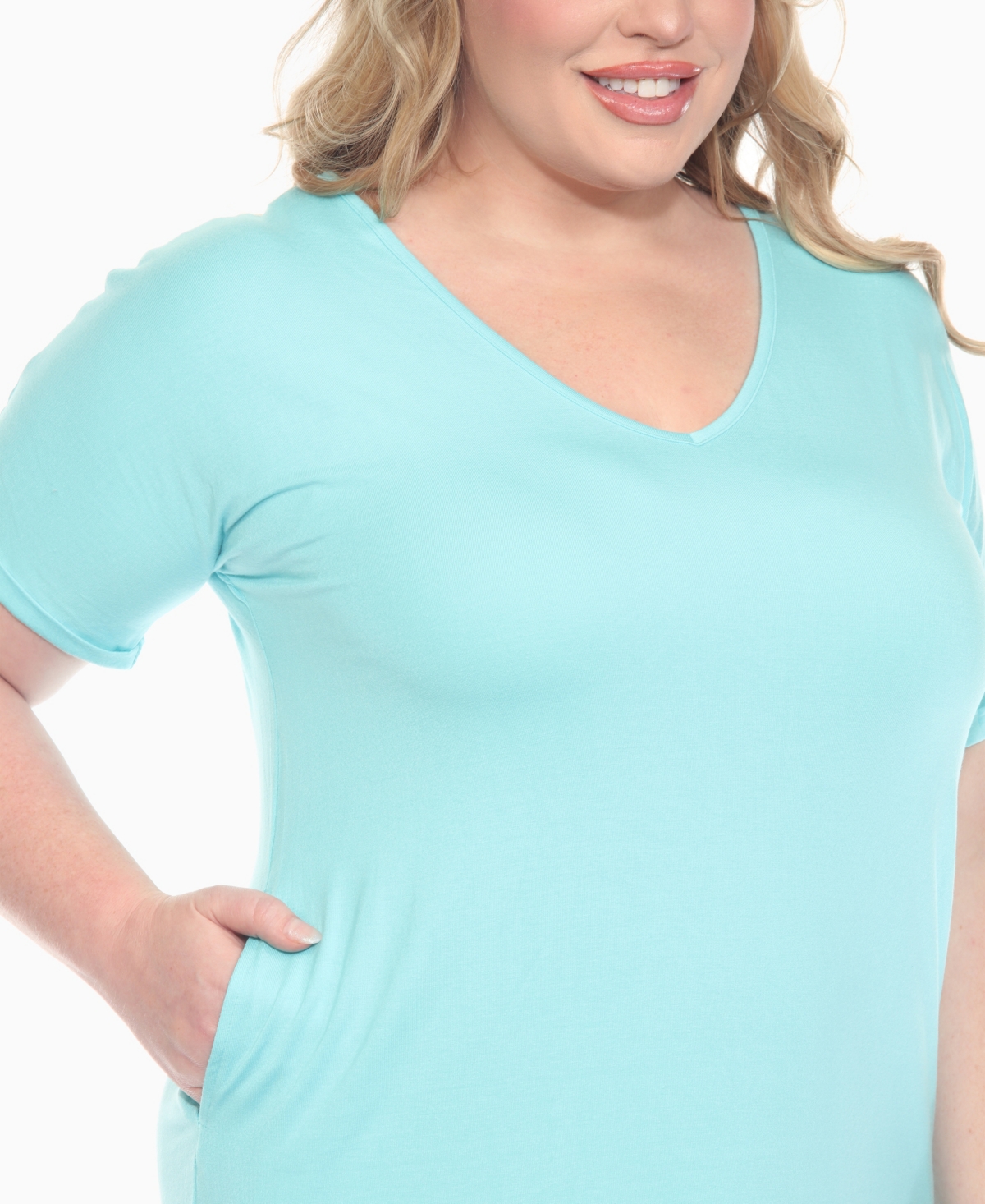 White Mark Plus Size V-neck Folded Sleeves And Pockets Knee-length Dress In Blue