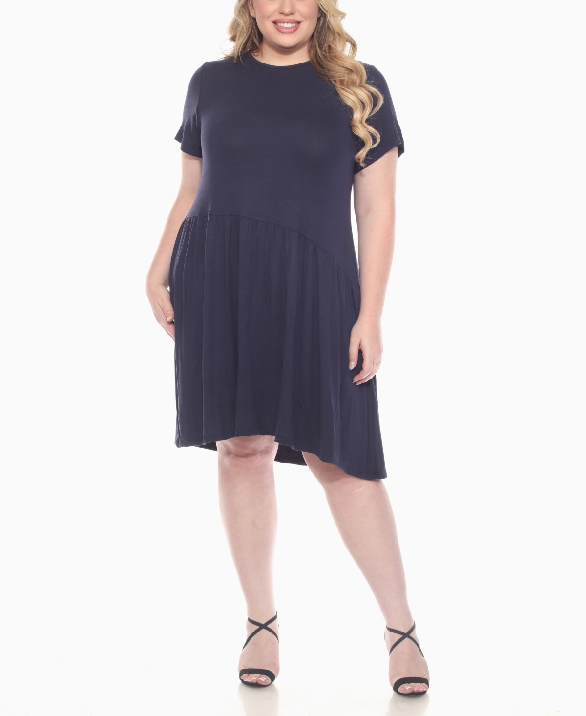 White Mark Plus Size Asymmetrical Waist And Short Sleeve Swing Dress In Blue