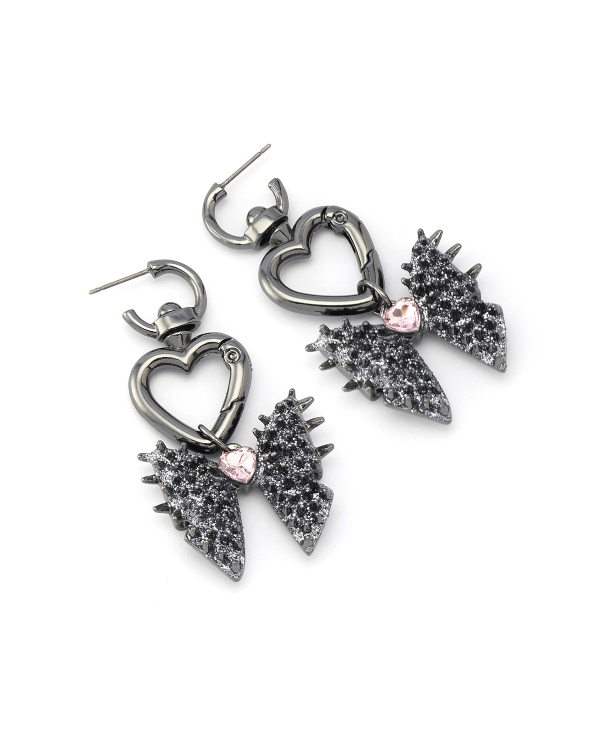 Betsey Johnson Faux Stone Spiky Bow Heart Huggie Earrings In Pink