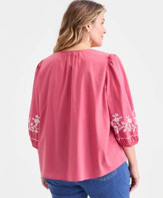 Plus Size Cotton Embroidered 3/4-Sleeve Blouse
