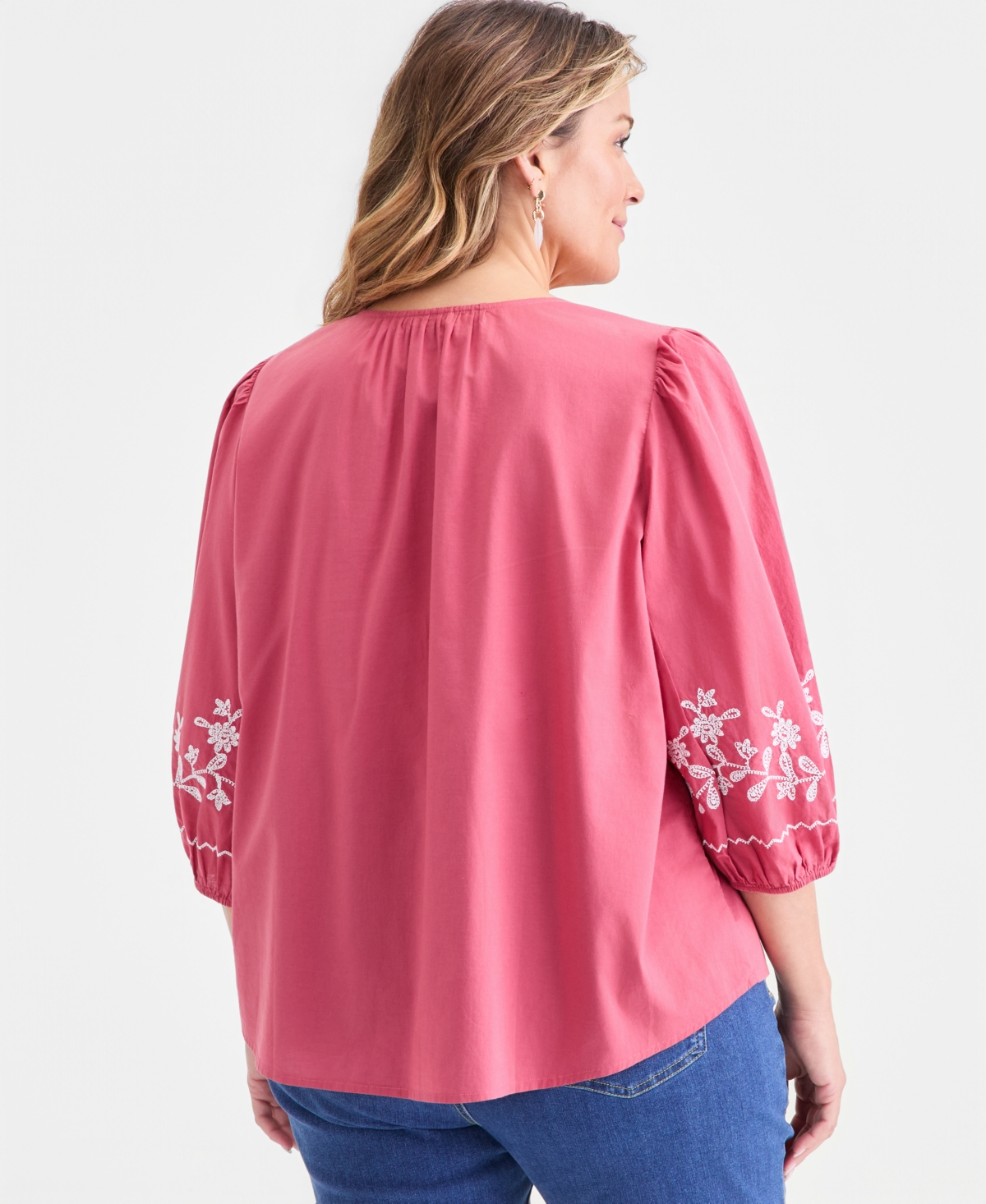Style & Co Plus Cotton Embroidered 3/4-Sleeve Blouse, Macy's Exclusive