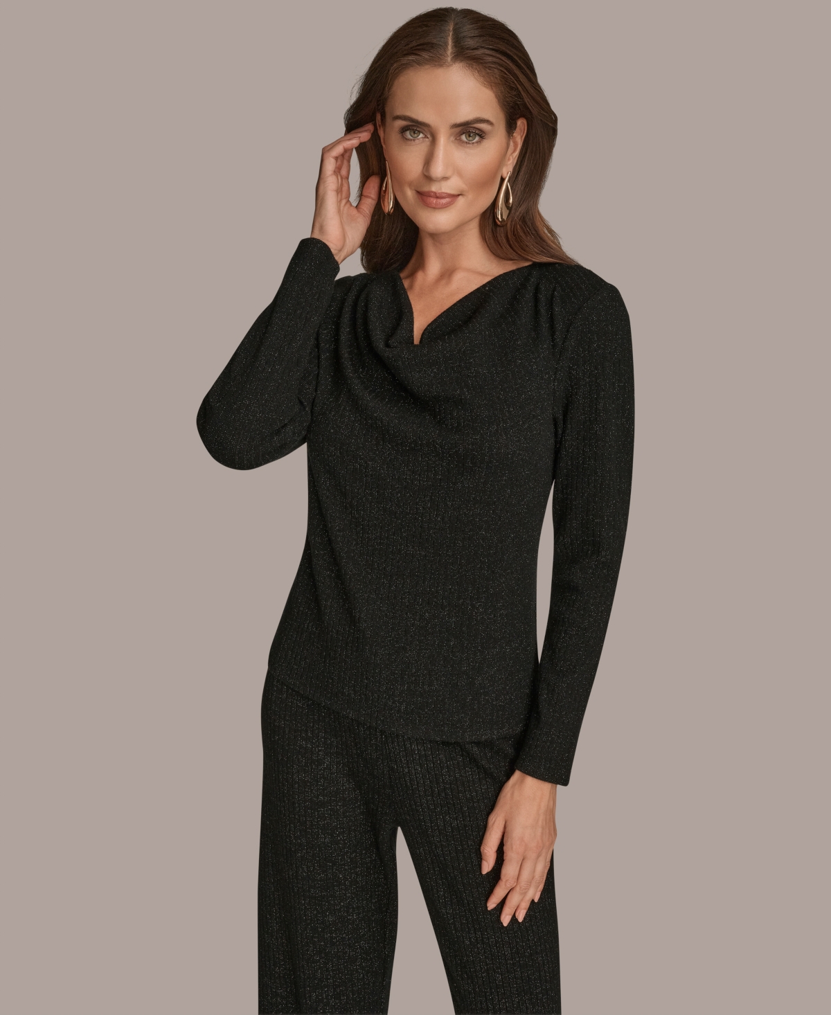 Donna Karan New York Women's Lurex Rib Cowl Neck Long Sleeve Top