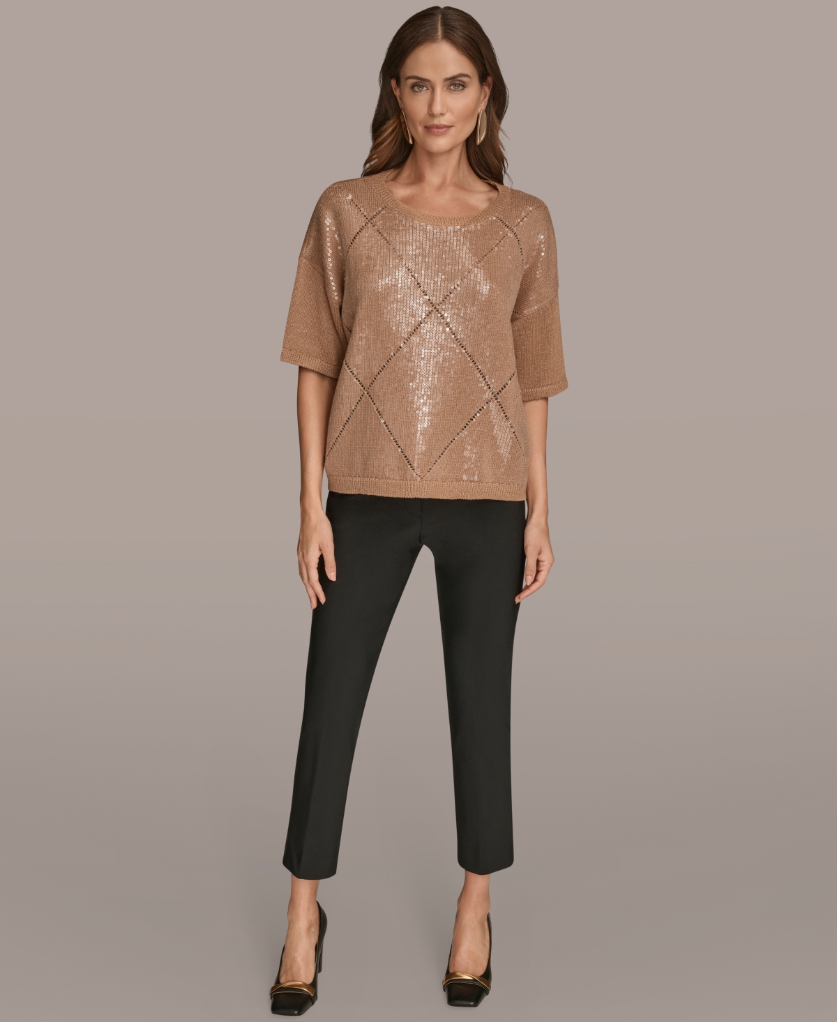 Donna Karan New York Short Sleeve Sequin Sweater In Brown