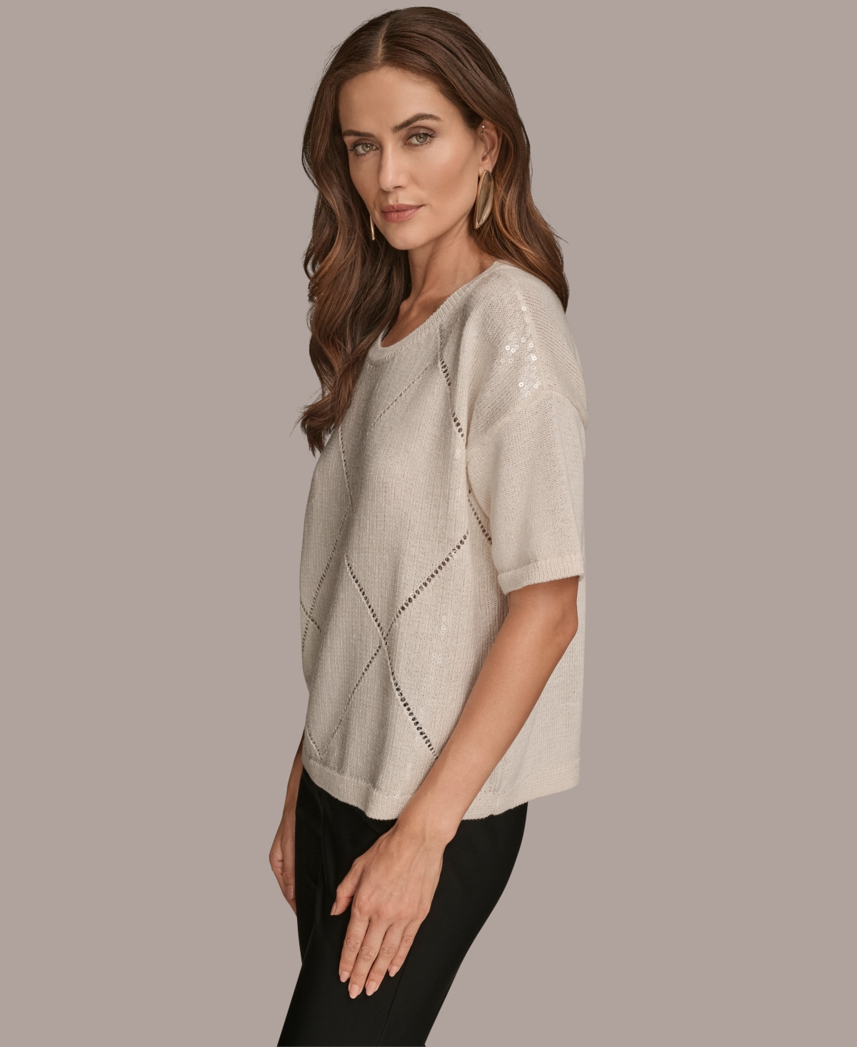 Donna Karan New York Short Sleeve Sequin Sweater In White