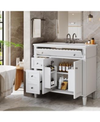 36" Rubberwood And MDF Solid Wood Frame 4 Drawers & 2 Doors Bathroom Vanity with Sink