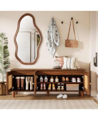 55&amp;quot; Shoe Bench with Lift Top Storage, 2-Tier Entryway Bench with 3 Rattan Doors