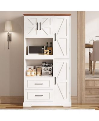 Farmhouse Kitchen Pantry Cabinet with Microwave Stand, Drawers, White