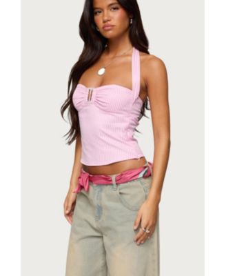 Womens Caitie Striped Buckle Halter Top