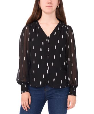 Sam & Jess - Petite V-Neck Smocked-Trim Long-Sleeve Top