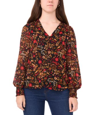 Sam & Jess - Petite Printed V-Neck Smocked-Shoulder Blouse