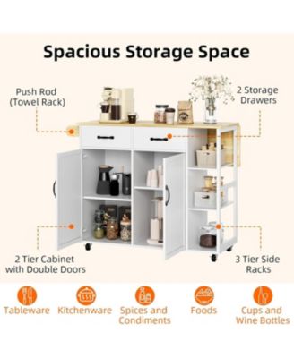 43.12" Rubberwood, Engineered Wood Drop Leaf, Drawers, Adjustable Shelves, Lockable Wheels Kitchen Island Island & Cart