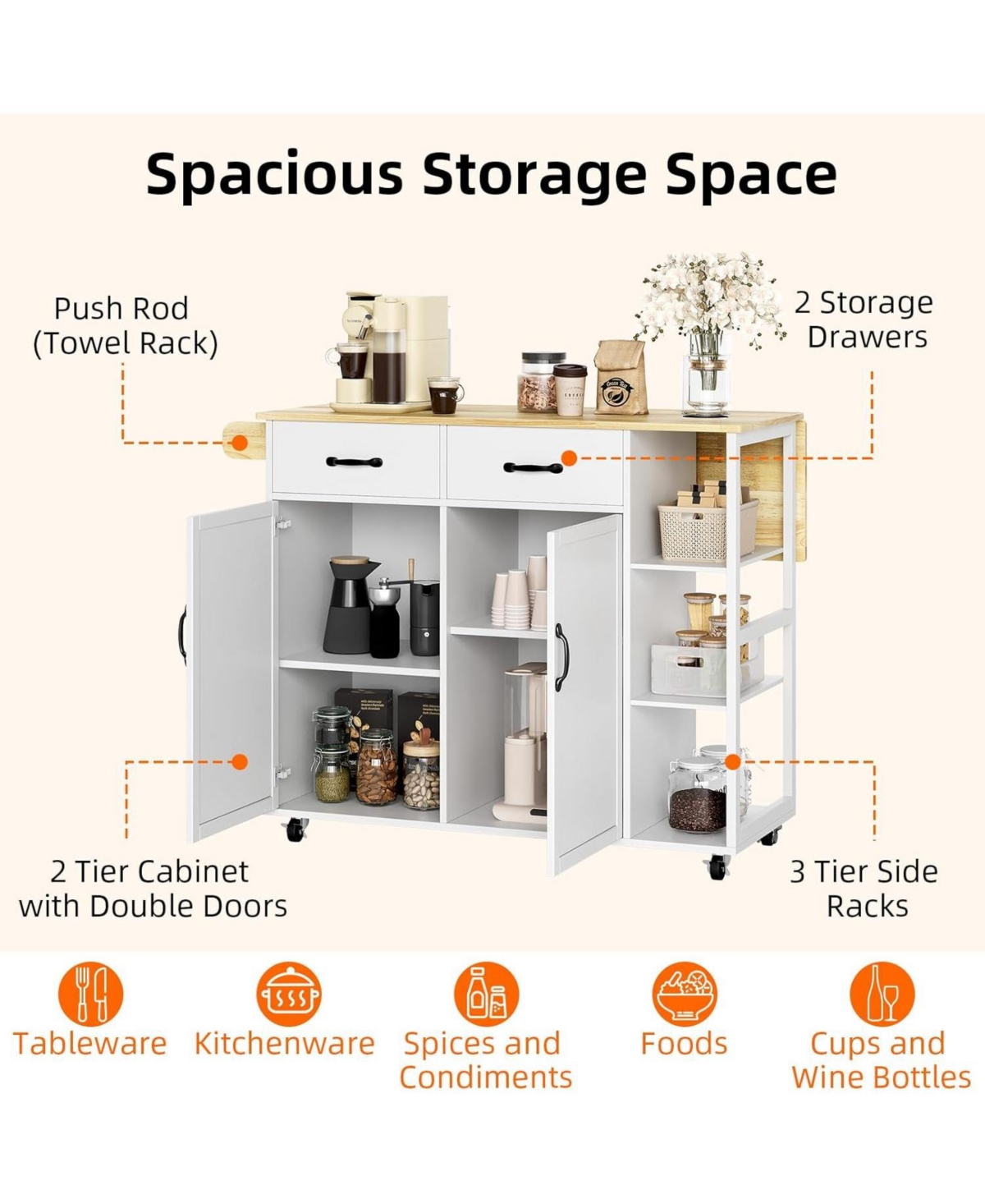 43.12-Inch White Kitchen Island & Cart with Drop-Leaf, 2 Drawers, Adjustable Shelves, Lockable Wheels & Wood Top for Kitchen & Bar