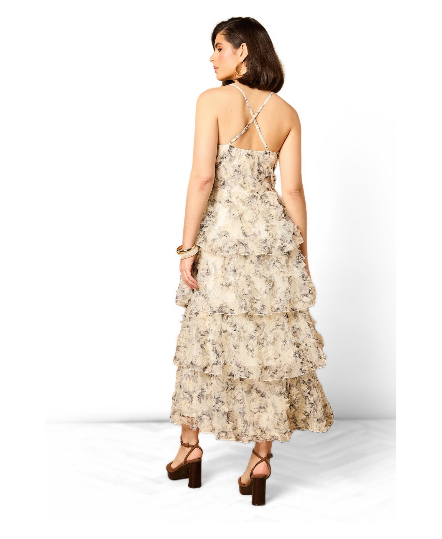 Women's Floral Textured Strappy Midaxi Dress