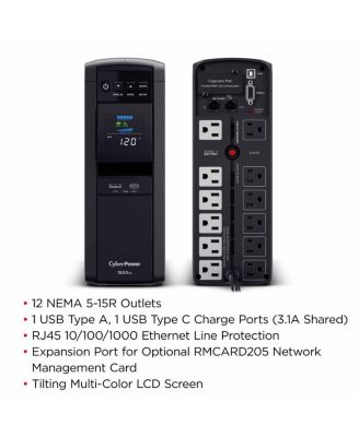 PFC Sinewave Computer Battery Backup, 1500VA 1000W UPS, 12 Outlets
