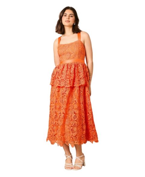 Женское платье Oasis Cross Strap Tiered Lace Midi, цвет: Оранжевый