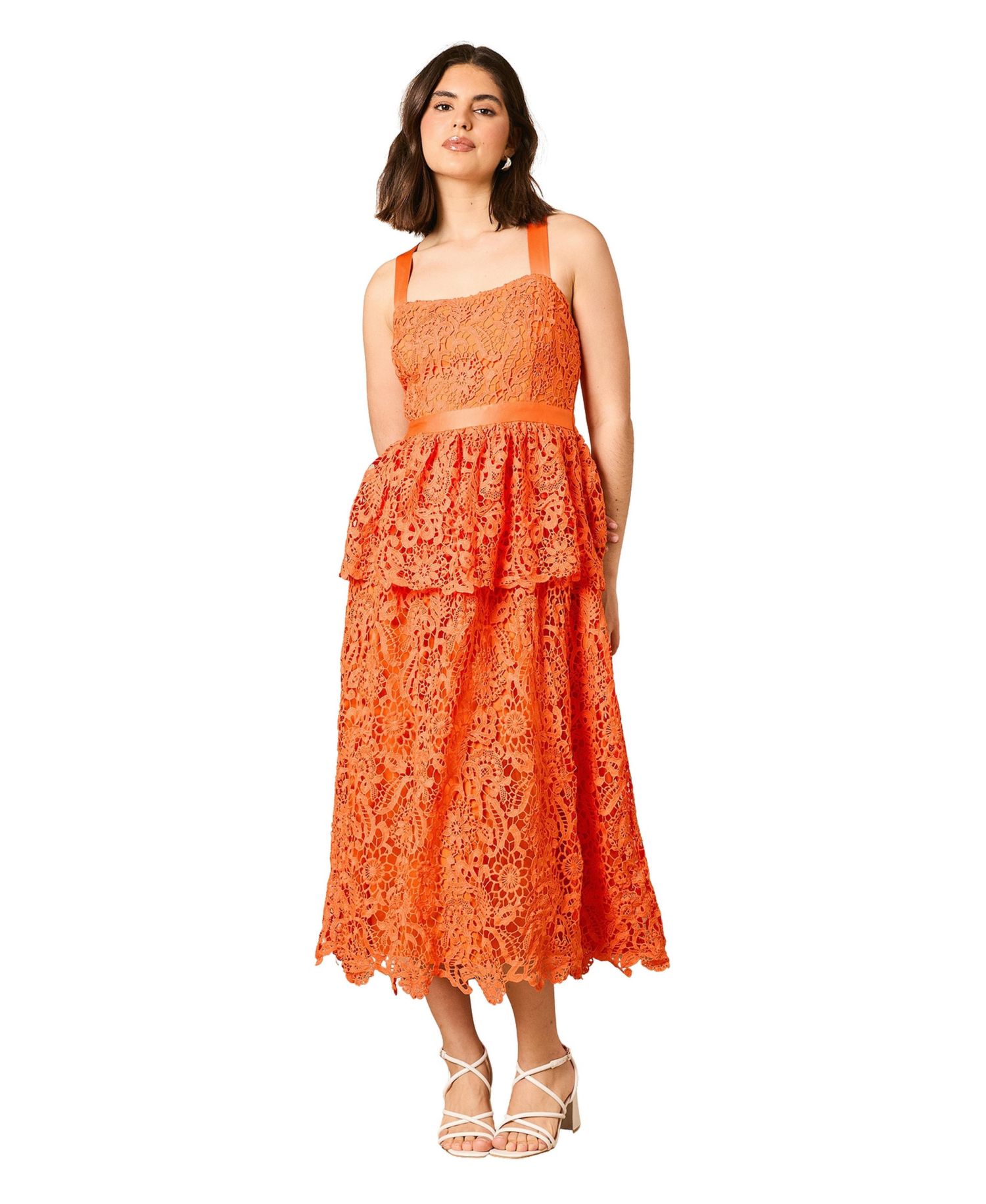 Women's Cross Strap Tiered Lace Midi Dress