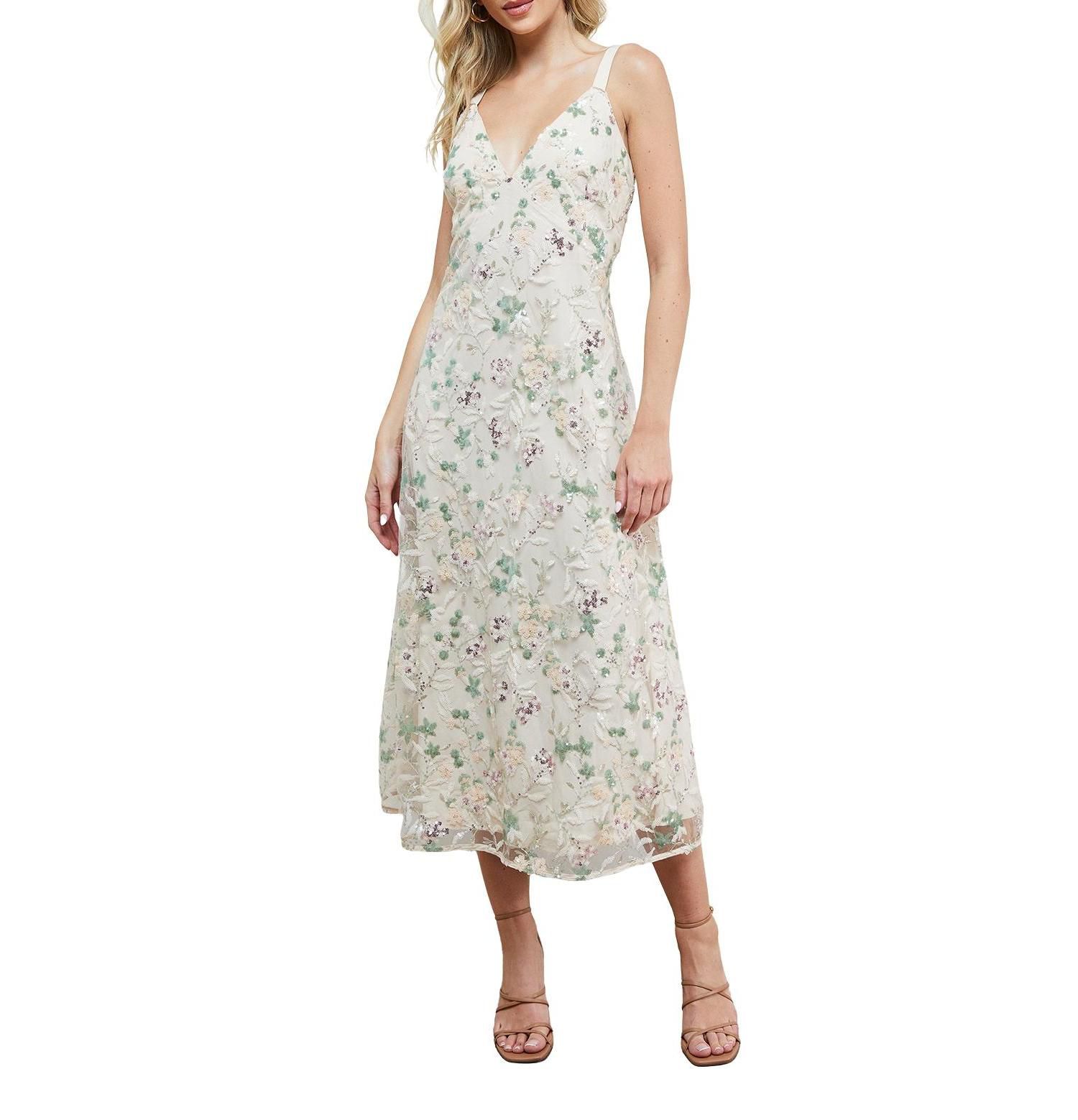 Women's Hand Embellished V-Neck Midi Dress