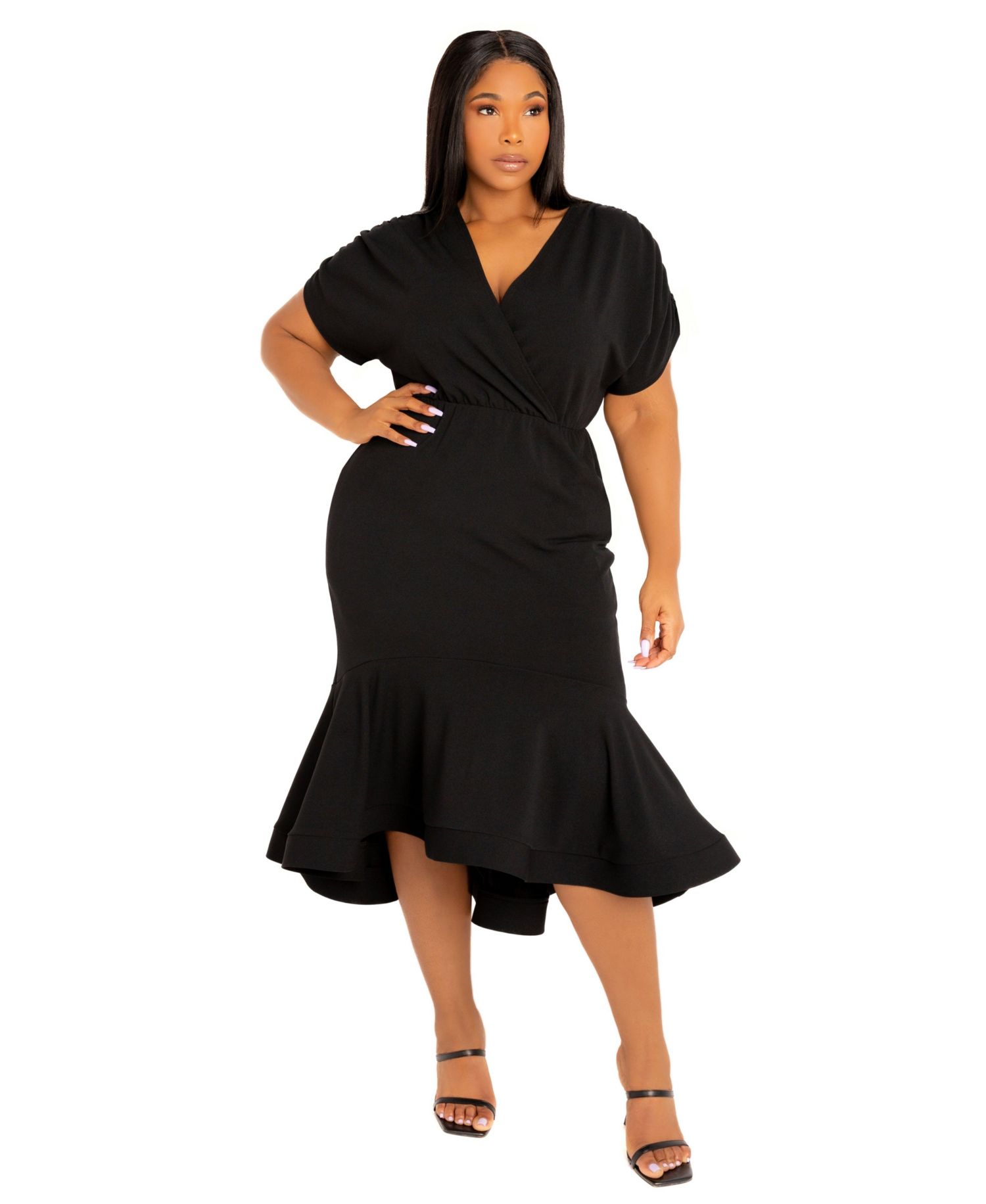 Plus Size V-Neck Flounce Midi Dress