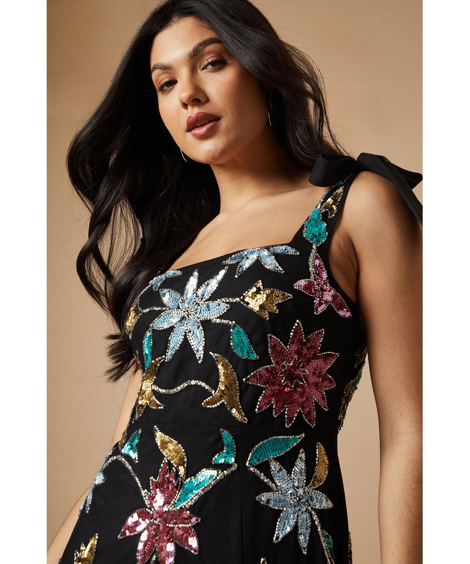 Women's Floral Embellished Split Midi Dress