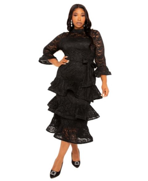 Женское платье Buxom Couture Plus Size Lace Bell Sleeve Tiered, цвет: Чёрный