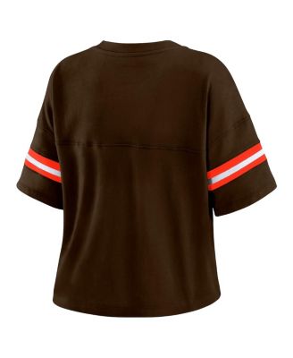 Women's Brown Cleveland Browns Color Block Boxy Modest Crop V-Neck T-Shirt