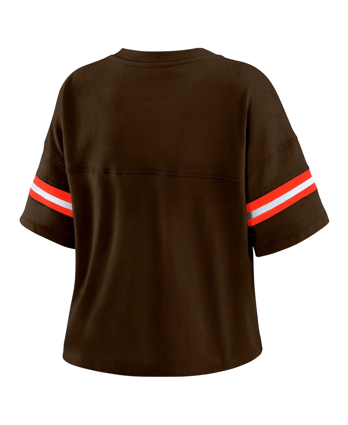 Wear By Erin Andrews Women's Brown Cleveland Browns Color Block Boxy Modest Crop V-neck T-shirt In Brown