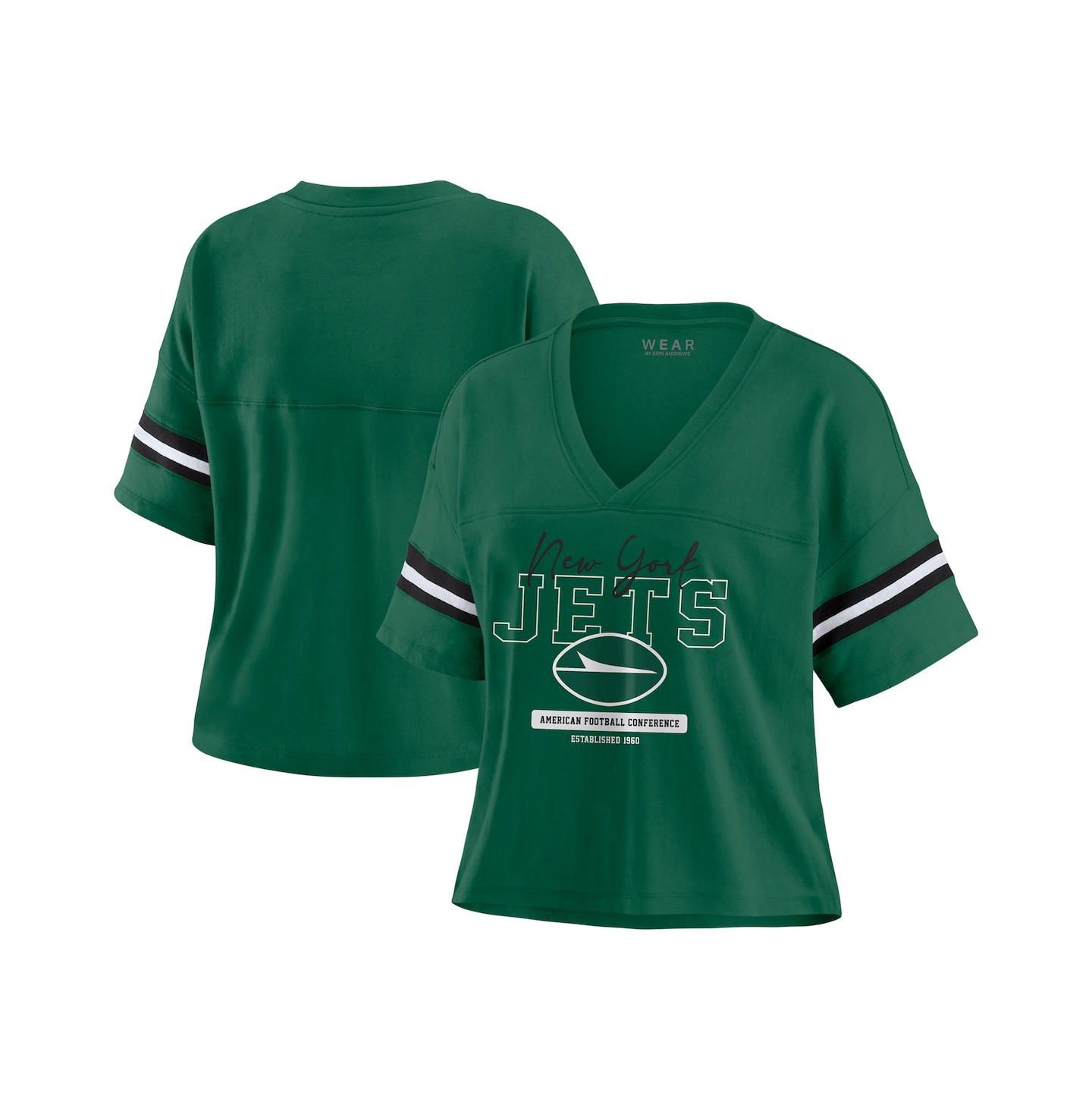 Женская футболка WEAR by Erin Andrews Green New York Jets Color Block Boxy Modest Crop V-Neck — фото 1