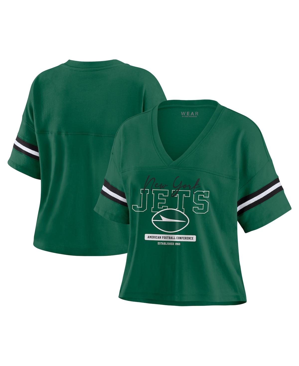 Wear By Erin Andrews Women's Green New York Jets Color Block Boxy Modest Crop V-neck T-shirt