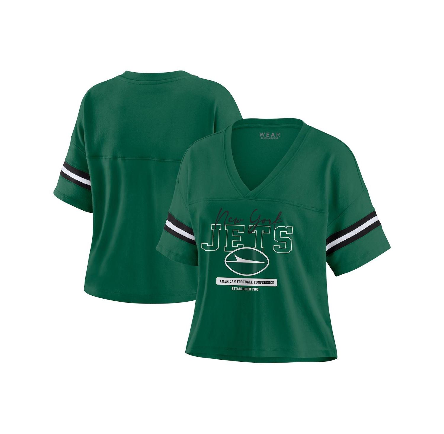 Women's Green New York Jets Color Block Boxy Modest Crop V-Neck T-Shirt