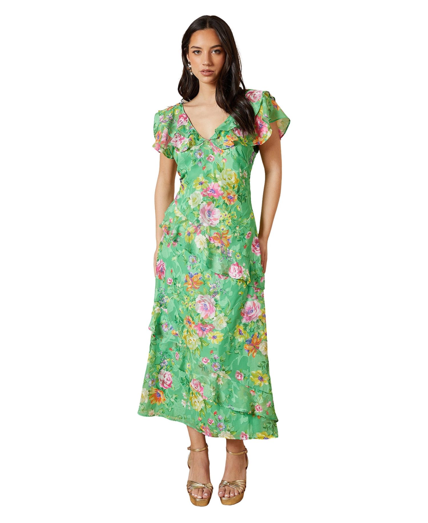 Women's Ruffle Sleeve Jacquard Midi Dress